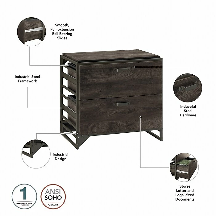 Bush Furniture Refinery 2-Drawer Lateral File Cabinet, Letter/Legal, Dark Gray Hickory, 32" (RFF132GH-03) 5 Bush Furniture Refinery 2-Drawer Lateral File Cabinet, Letter/Legal, Dark Gray Hickory, 32" (RFF132GH-03) - Image 3