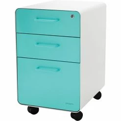 Poppin Stow 3-Drawer File Cabinet With Casters, White + Aqua