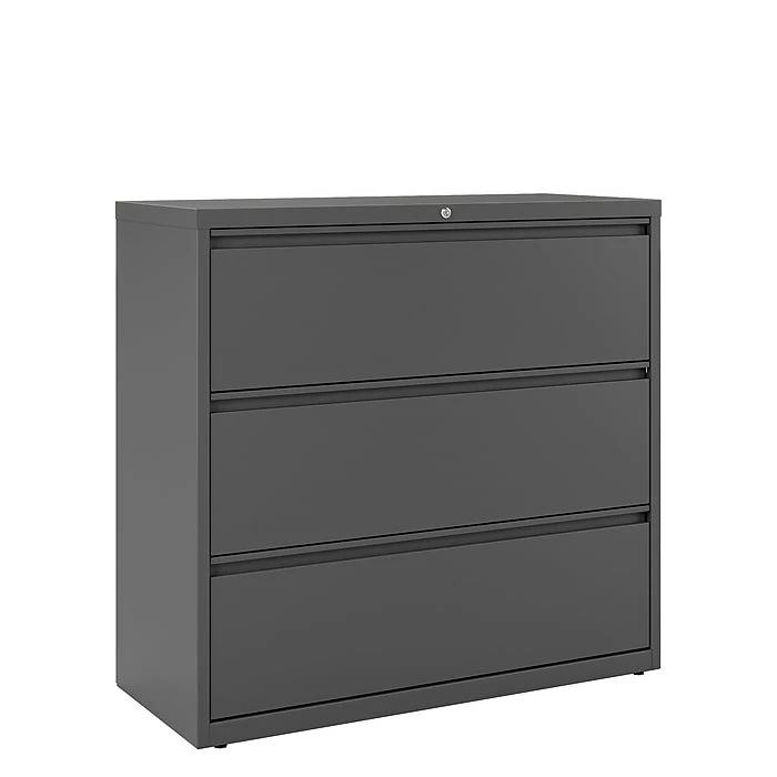 Staples 3-Drawer Lateral File Cabinet, Locking, Letter/Legal, Charcoal, 42"W (26824D) 3 Staples 3-Drawer Lateral File Cabinet, Locking, Letter/Legal, Charcoal, 42"W (26824D)