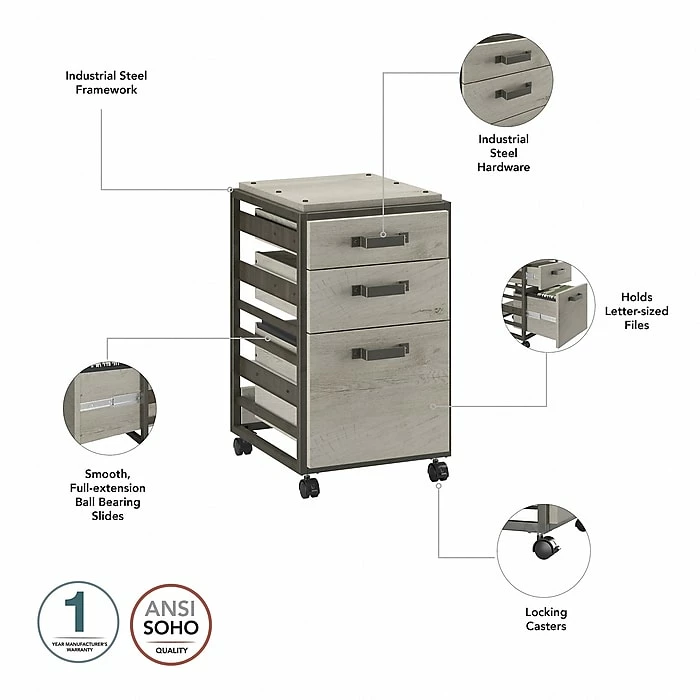 Bush Furniture Refinery 3-Drawer Vertical File Cabinet, Mobile/Pedestal, Letter, Cottage White, 18" (RFF116CWH-03) 5 Bush Furniture Refinery 3-Drawer Vertical File Cabinet, Mobile/Pedestal, Letter, Cottage White, 18" (RFF116CWH-03) - Image 3